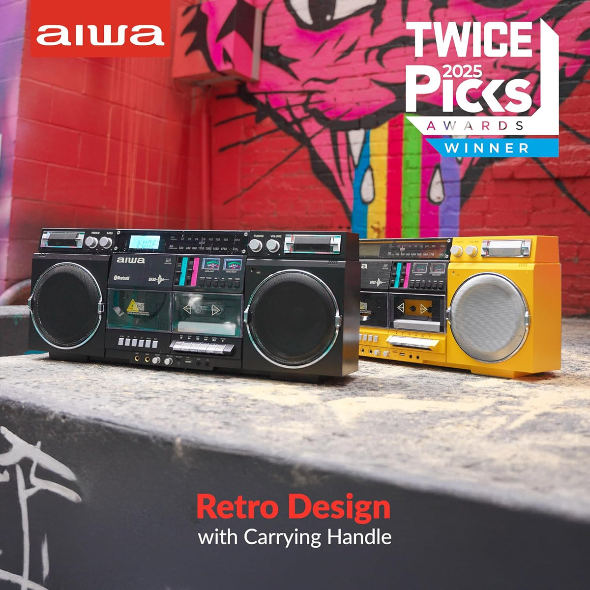 aiwa Retro Boombox BackTrack CD Player with Cassette Recording, Bluetooth 5.0, FM/AM Radio, USB/SD/AUX Inputs, VU Meters, LCD Display, Dual 40W Speakers (Black and Gold)