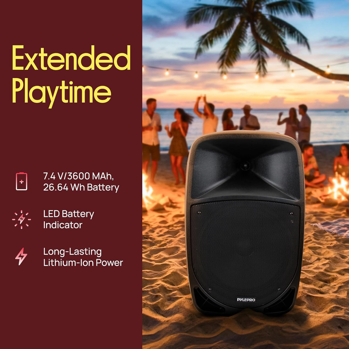 Pyle 1200W Portable Bluetooth PA Speaker - 12'' Subwoofer, LED Battery Indicator Lights W/Built-In Rechargeable Battery, MP3/USB/SD Card Reader, and UHF Wireless Microphone - Pyle PSBT125A,Black