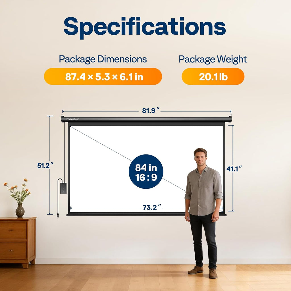 VIVOHOME Motorized Projector Screen with Remote, 16:9 84 Inch Auto Electric Projection Screen, HD 4K Movie Screen for Home Theater, Cinema, Office (73 x 41 Black)