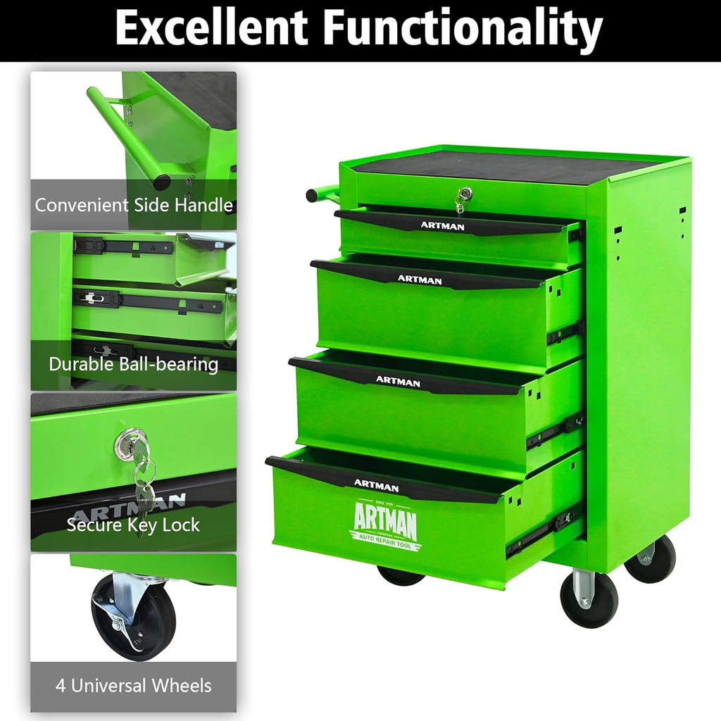 Iron-Top Rolling Tool Chest with Lockable Wheels and Side Handles, 7-Drawer Tool Storage Cabinet with Ball Bearing for Garage, Repair Shop, Required Assembly, Large Storage Capacity (Iron, 4-Green)