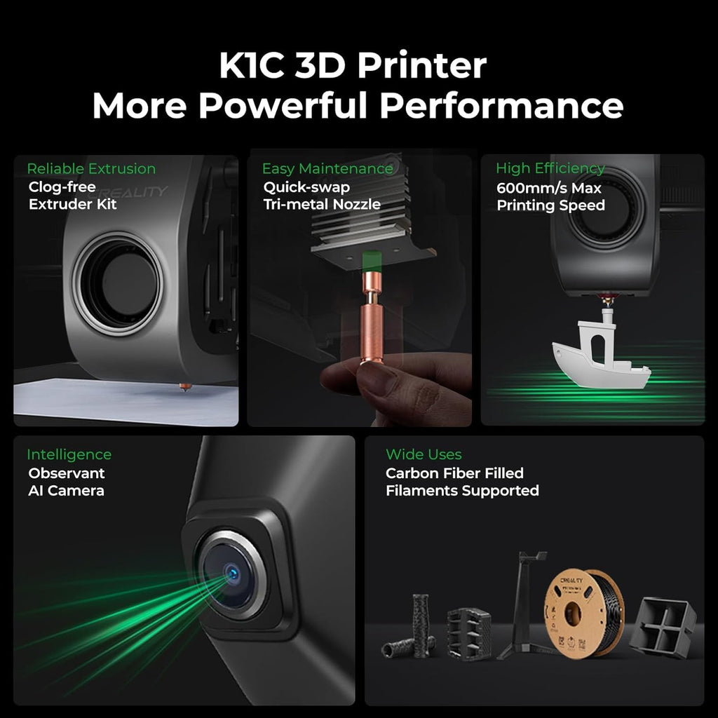 Creality K1C 3D Printer, 600mm/s High-Speed Auto Leveling Clog-Free Robust Direct Extruder K1 SE Upgraded 3D Printer with AI Camera 300°C Printing Silent Mode Support Carbon Fiber Filaments