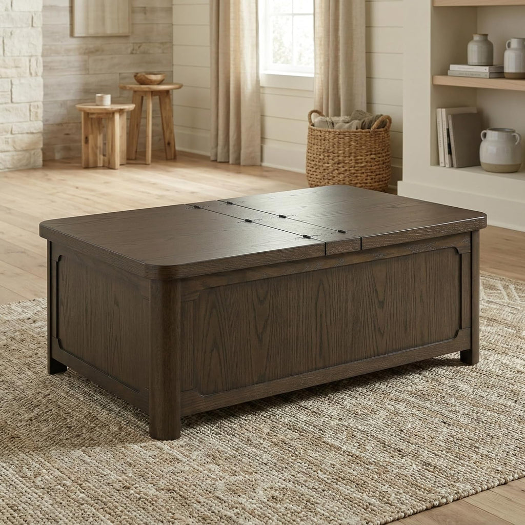 Signature Design by Ashley Breckington Country Rustic Coffee Table with Storage and Flip Top, Dark Brown