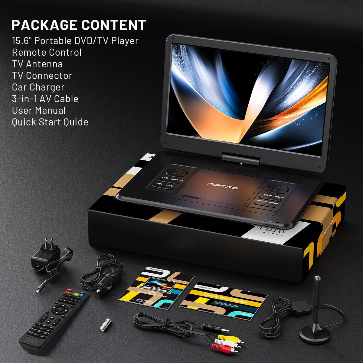 POFOTO 17.5" Portable TV/DVD Player with 15.6" HD Swivel Screen, Built-in ATSC Tuner & FM, Rechargeable Battery, Supports HDMI in/USB/Micro SD/AV Out, Multi-Disc Formats, Black
