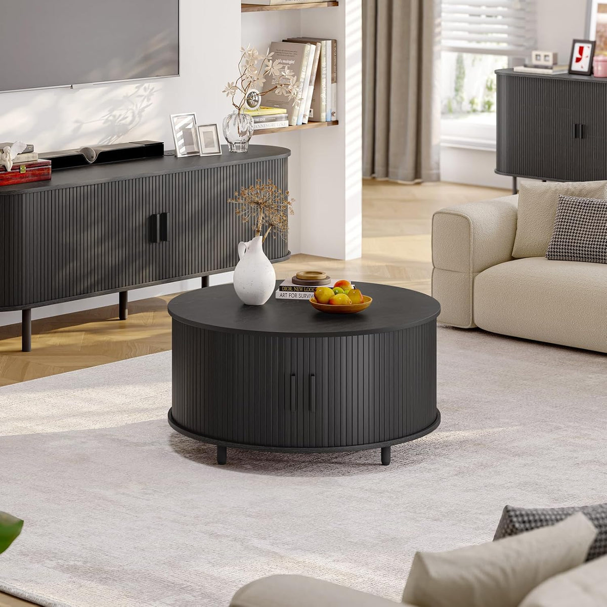 ONBRILL Round Coffee Table with Storage, 31.5" Modern Coffee Table with 360° Curved Sliding Door, Fluted Wood Accent Coffee Table with Adjustable Footpads, Round Center Table for Living Room, Black