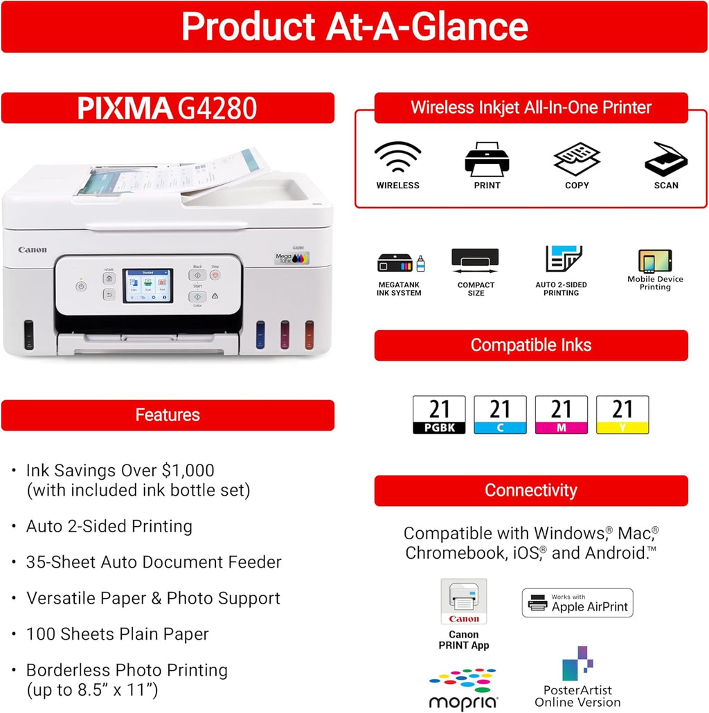 Canon Megatank G4280 All-in-One Wireless Supertank Megatank Printer | Print, Copy, Scan | Mobile Printing |2.7" LCD Color Touchscreen | Auto Document Feeder and Auto Duplex