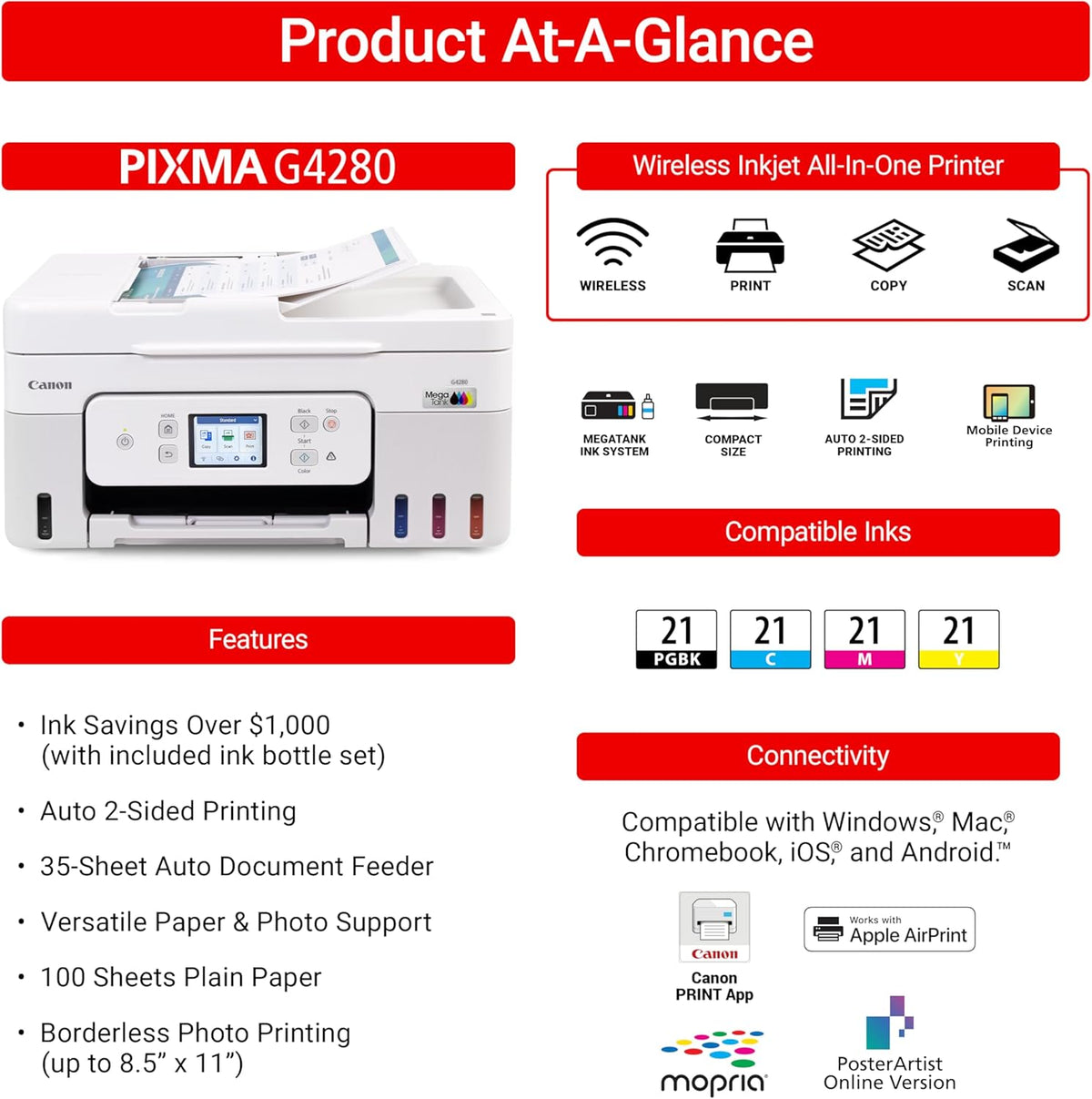 Canon Megatank G4280 All-in-One Wireless Supertank Megatank Printer | Print, Copy, Scan | Mobile Printing |2.7" LCD Color Touchscreen | Auto Document Feeder and Auto Duplex