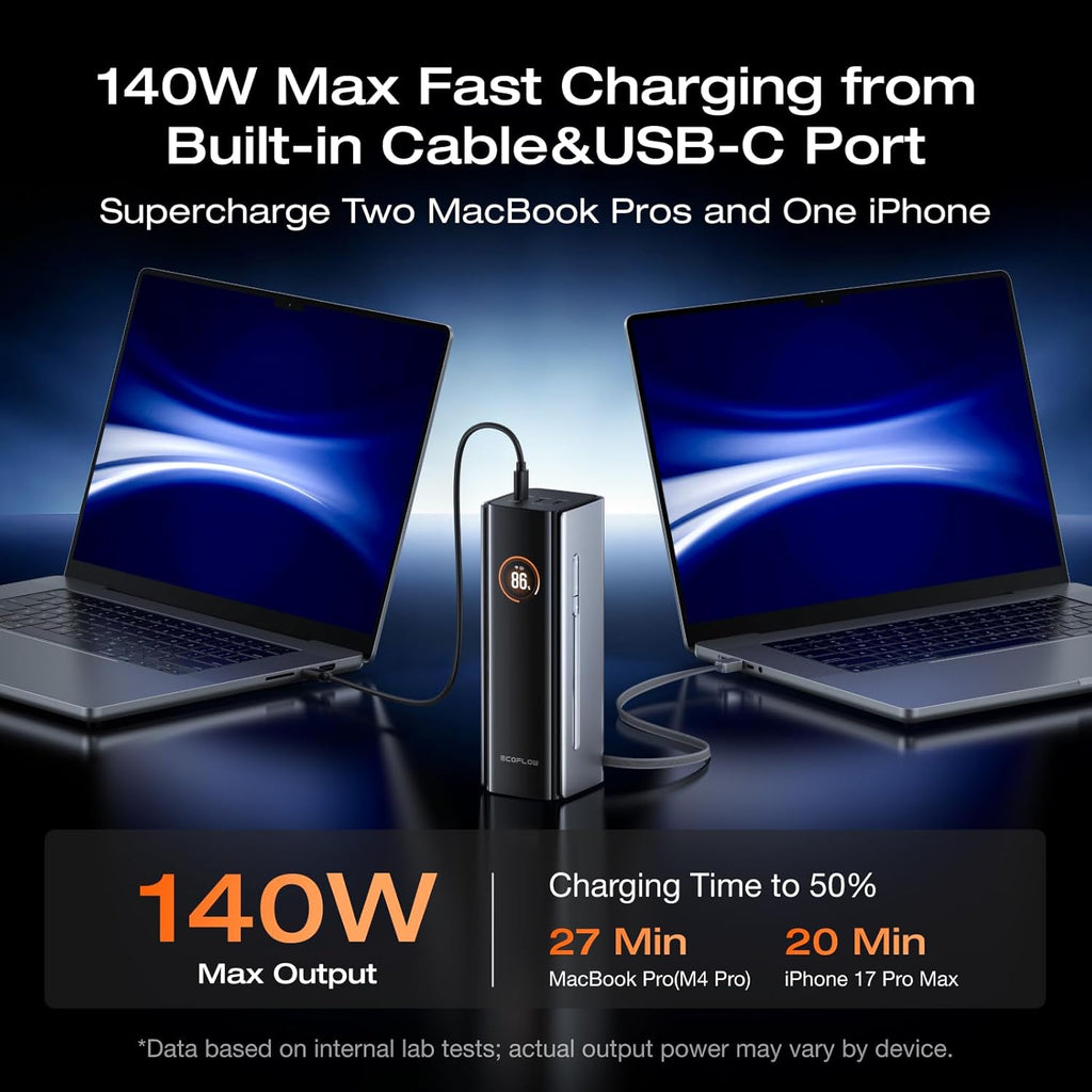EF ECOFLOW Rapid Pro Power Bank, 4-Port with 300W Max Output, Portable Charger with 140W Built-in Cable, TSA-Approved, Smart APP, 3950x7mAh, for MacBook Pro/Air, iPhone 17/16 Series, Laptops, and More