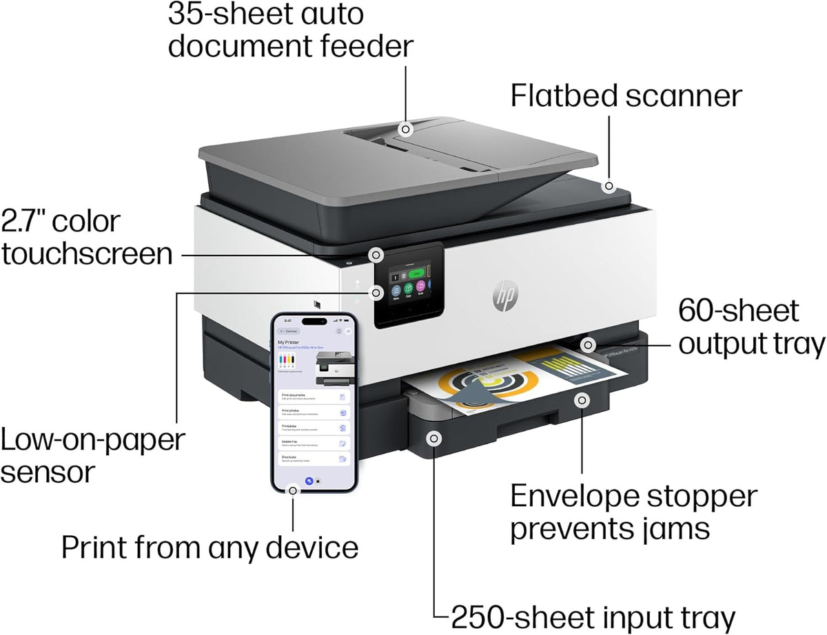 HP OfficeJet Pro 9125e Wireless All-in-One Color Inkjet Printer, Print, scan, copy, fax, ADF, Duplex printing best-for-office, 3 month Instant Ink trial included, AI-enabled (403X0A)