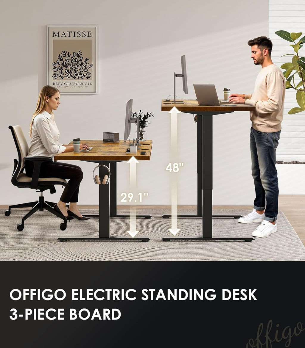 OffiGo 79 Inch Executive Electric Standing Desk, Height Adjustable Desk with Power Outlet & 1.38" Thick 3-Piece Desktop, Sit Stand Computer Desk for Home, Office, Conference Room, Rustic Brown