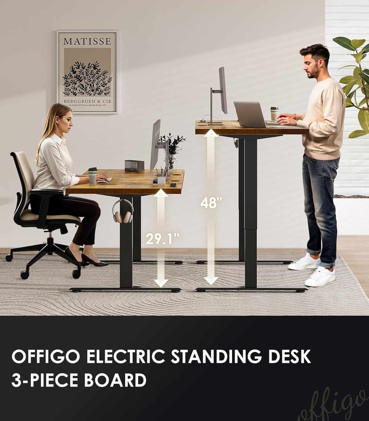 OffiGo 79 Inch Executive Electric Standing Desk, Height Adjustable Desk with Power Outlet & 1.38" Thick 3-Piece Desktop, Sit Stand Computer Desk for Home, Office, Conference Room, Rustic Brown