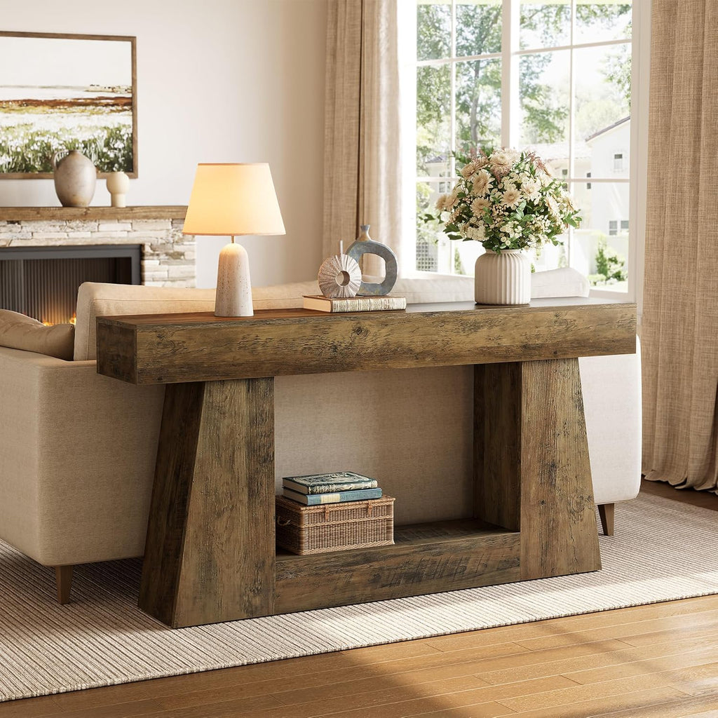 LITTLE TREE 63" Farmhouse Console Table with Storage, Rustic Sofa Table for Entryway, Narrow Long Sofa Table Behind Couch, Console Table for Living Room, Hallway—Versatile Storage Solution, Oak