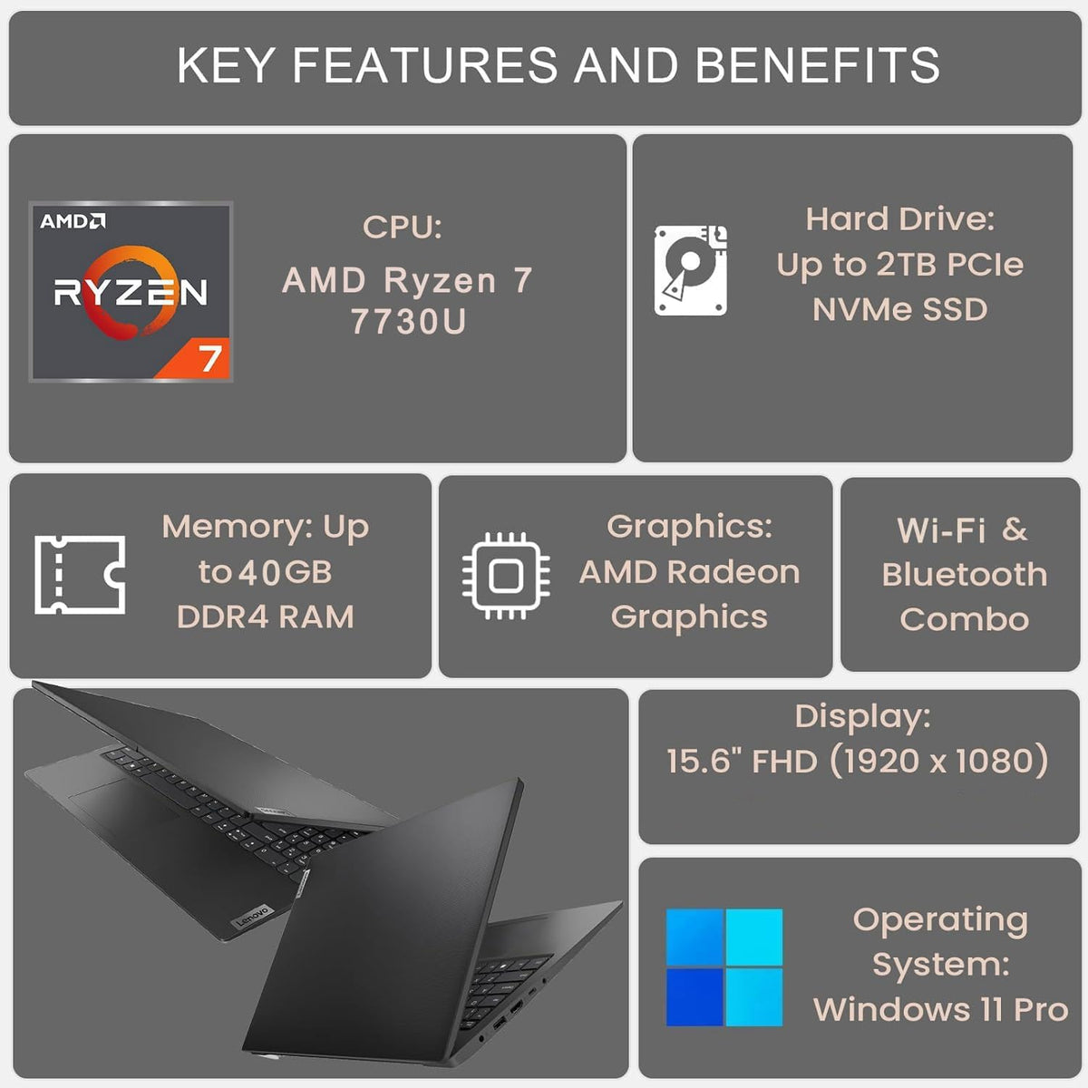 Lenovo V-Series V15 Business Laptop, 15.6" FHD Display, AMD Ryzen 7 7730U, 40GB RAM, 1TB SSD, Numeric Keypad, HDMI, RJ45, Webcam, Wi-Fi, Windows 11 Pro, Black