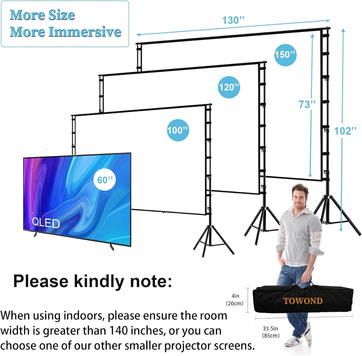 TOWOND Projector Screen and Stand, 150 inch Indoor Outdoor Projection Screen, Portable 16:9 4K HD Rear Front Movie Screen with Carry Bag Wrinkle-Free Design for Home Theater Backyard Cinema