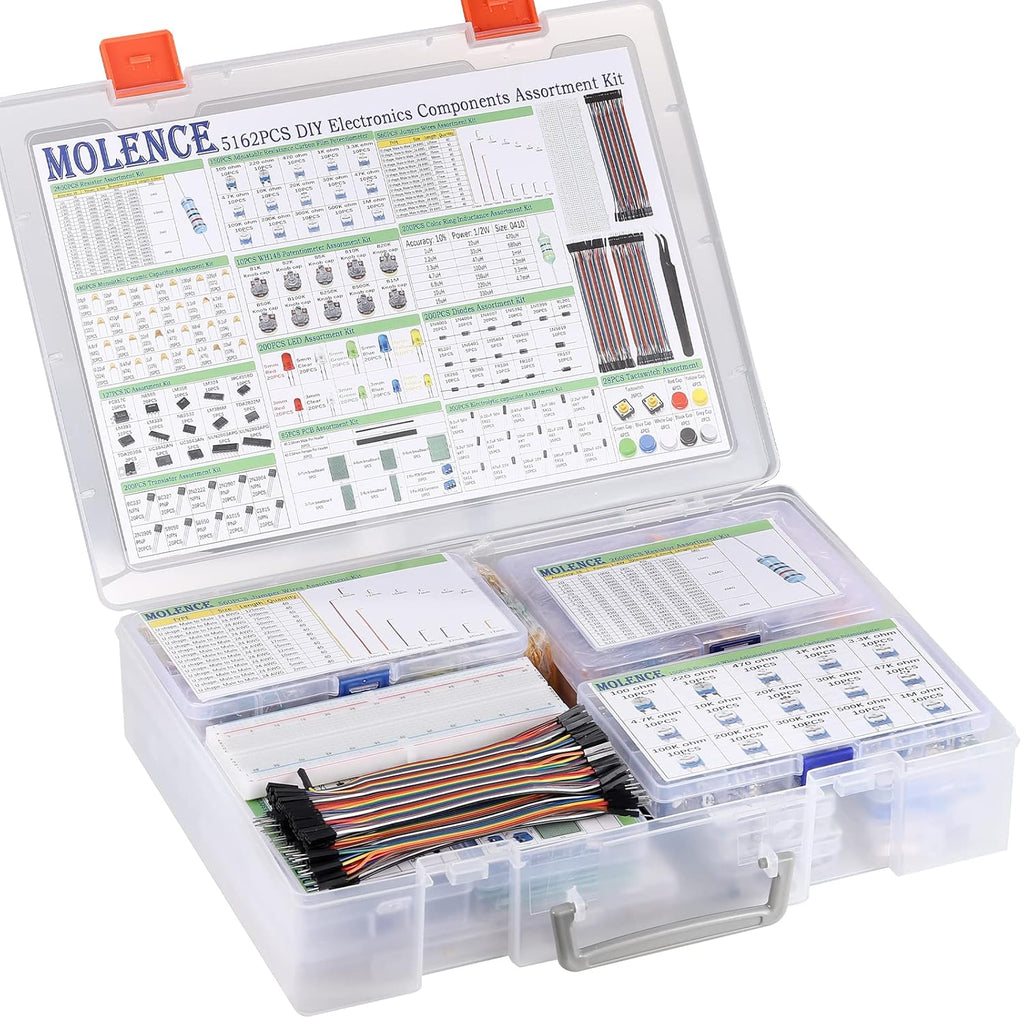 5162pcs DIY Electronics Components Kit Assortment, Resistors, Inductors, Capacitors, LED, Triode, ICS, Diodes, PCB, Potentiometer, Pin Header, Jumper Wire, Terminals, Tactswitch