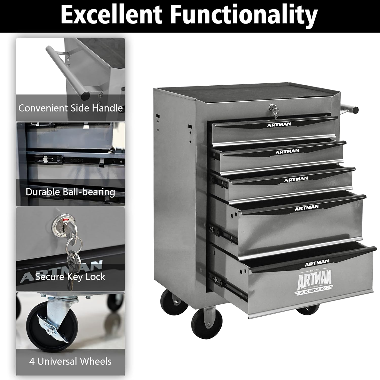 5 Drawers Tool Cart on Wheels, Multifunctional Rolling Tool Chest, Drawers Mobile Trolley Organizer Heavy Duty Tools Box with Locking Wheels & Ball Bearing Drawers (Silver, 5 Drawers)