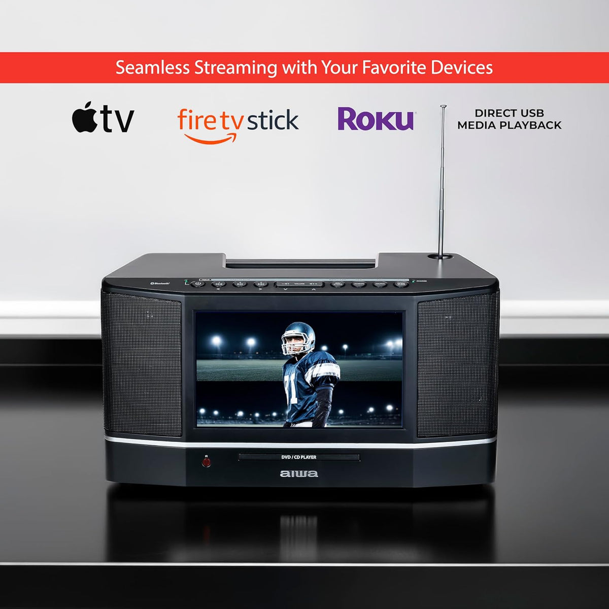 aiwa Cinema Mirror Cast Video Audio System, 10” TFT Screen, 15W Stereo, CD/DVD Player, Screen Mirroring, HDMI/USB/AV/AUX Inputs, FM Radio, Roku/Fire Stick/Google/Apple TV Compatible (Black)