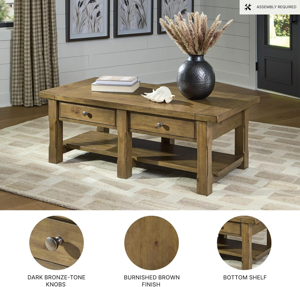 Signature Design by Ashley Vandenmore Casual Rectangular Coffee Table with 2 Drawers and Lower Shelf, Bronze Knobs, Wood, 54" W x 26" D x 19.13" H, Brown