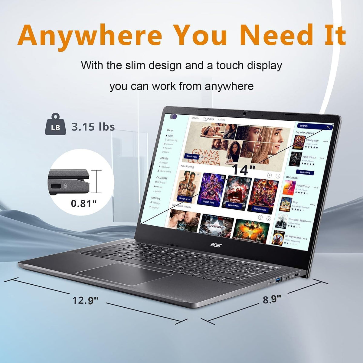 acer Chromebook Plus 514 Laptop with Google AI, Intel 8-Core i3-N305, 8 GB LPDDR5, 512 GB SSD, 14" FHD 1920 x 1080 IPS Touch Screen, Wi-Fi 6E, 1080P Webcam, Chrome OS, 1080p Webcam, Long Battery Life