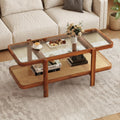 Giantex Rattan Coffee Table, 47.5" Rectangle Solid Wood Tea Table w/Tempered Glass Tabletop, Rattan Storage Shelf, 2-Tier Boho Coffee Tables, Farmhouse Center Table for Living Room (Brown)