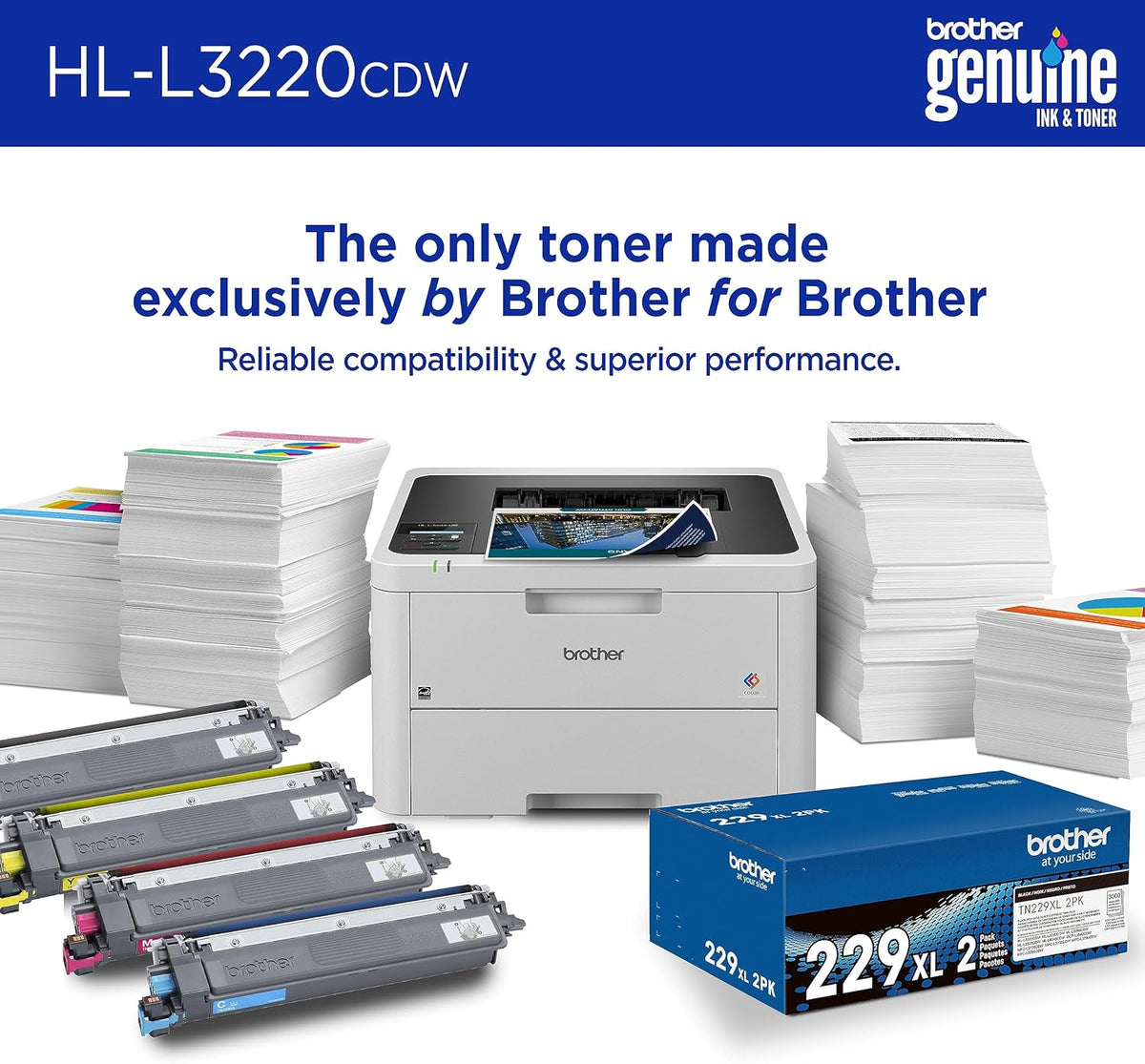 Brother Color Laser Printer with Wireless Printing Fast 19 PPM Output, Duplex Feature, Mobile Device Compatible, 250-Sheet Paper Tray for Professional Home Office Printing (HL-L3220CDW)