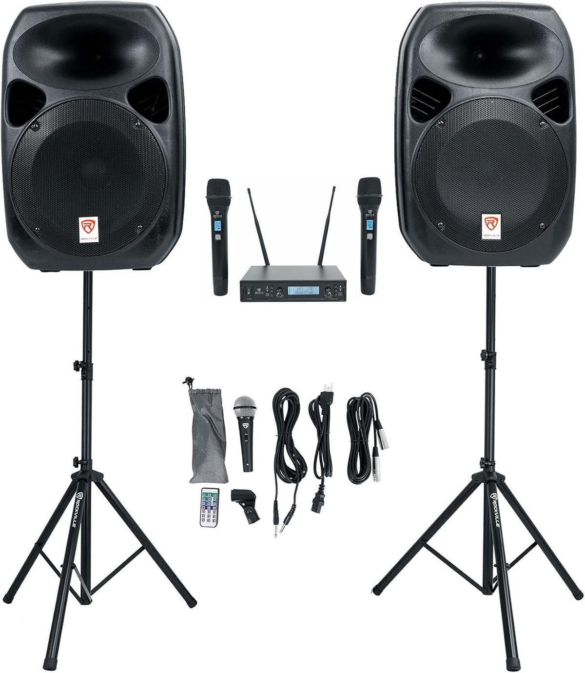 Rockville Power Gig RPG-122K All-in-One DJ/PA Package: (2) 12" DJ/PA Speakers 1000W Peak / 250W RMS with Built-in Bluetooth, USB/SD Player, FM Tuner, Speaker Stands, and Wired Microphone