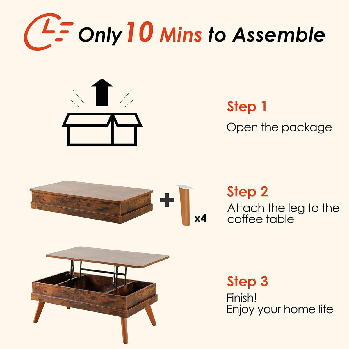 Lift Top Coffee Table, Easy-to-Assembly Center Table with Hidden Storage Compartment, Industrial Lift Tabletop Dining Table for Living Room Reception/Home Office, Rustic Brown