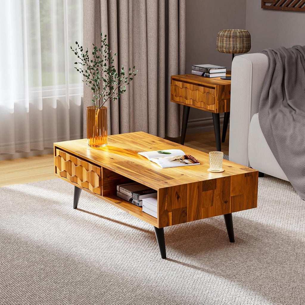 Bme Georgina Solid Wood Coffee Table, 2 Drawers & Open Shelves, Mid Century Modern Center Table, 110 cm, Teak Brown, Pre-Assembled
