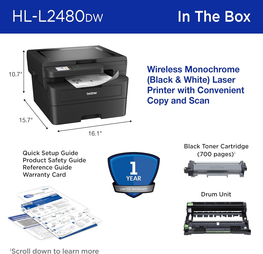 Brother HL-L2480DW Wireless Compact Monochrome Multi-Function Laser Printer with Copy and Scan, Duplex, Mobile, Black & White | Includes Refresh Subscription Trial(1), Works with Alexa