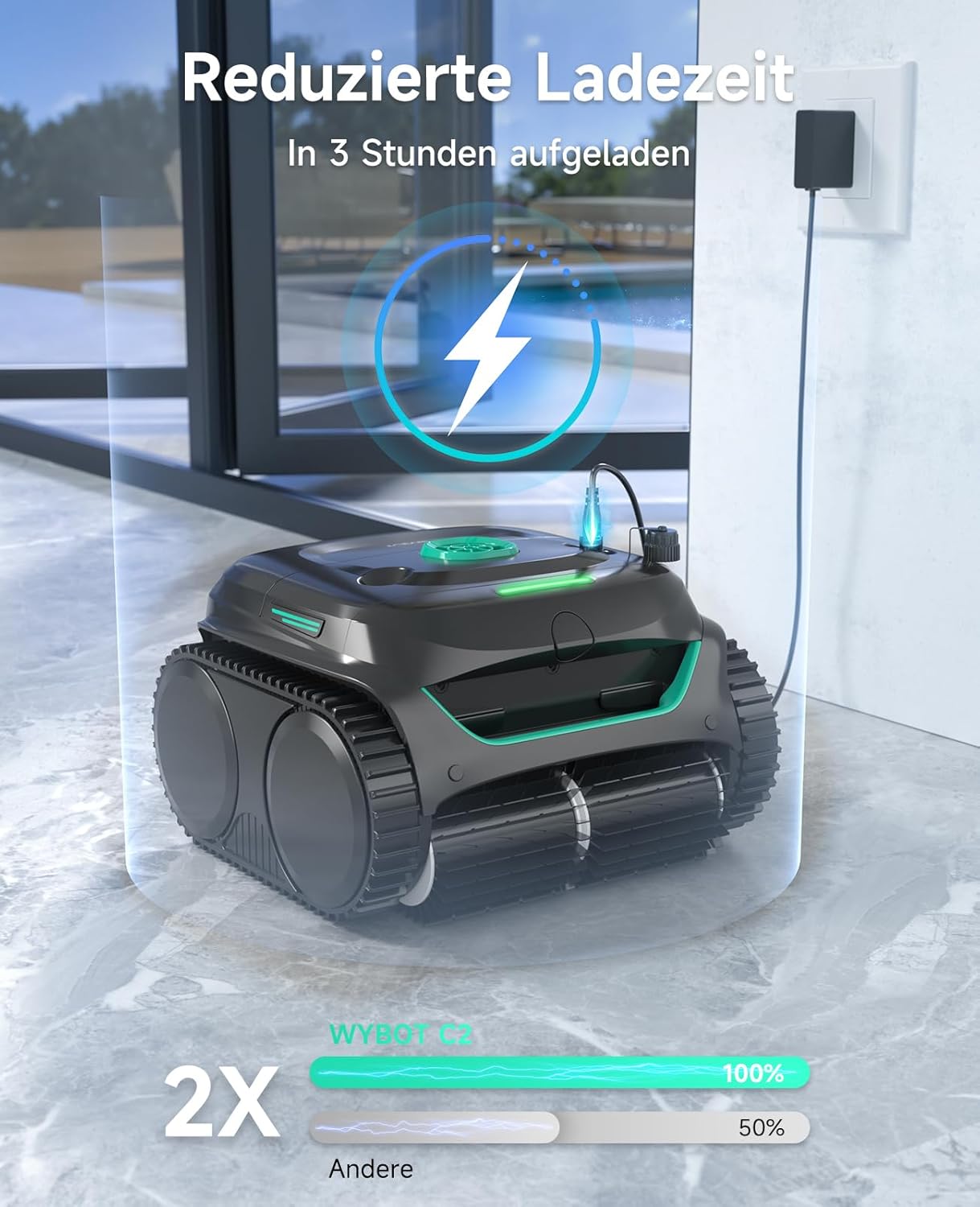 WYBOT C2 Poolroboter Akku, Boden & Wand, bis 150㎡, Doppelfilter, 3 Motoren, Wandkletter, 183 Min, App, Schwarz-Grün B