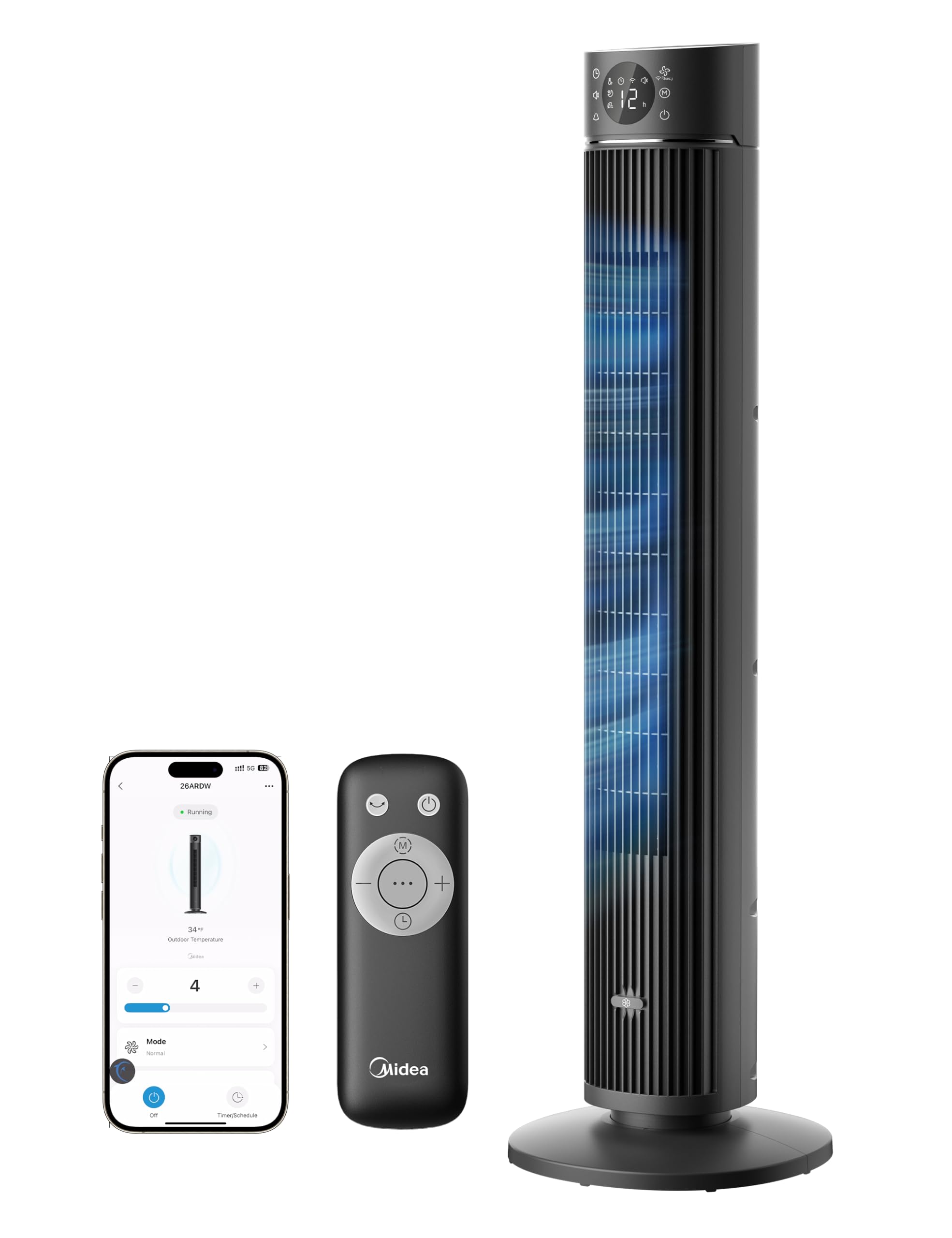 Midea FZ10-19BRA Turmventilator 110cm – 3 Modi, 90° Oszillation, 45dB, 7h Timer, Fernbedienung, Weiß