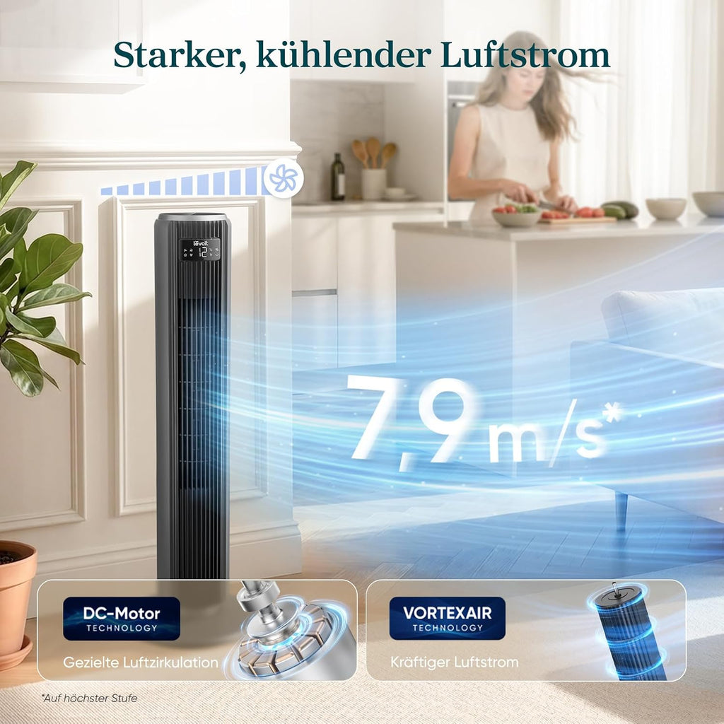 Levoit - DC Motor Turmventilator - 20dB sehr leiser Ventilator - 4 Modi/12 Stufen/12 Std Timer - Fernbedienung & Kühlung - Tower Fan mit 7,9m/s Geschwindigkeit - 24W Standventilator - Grau, 92 cm