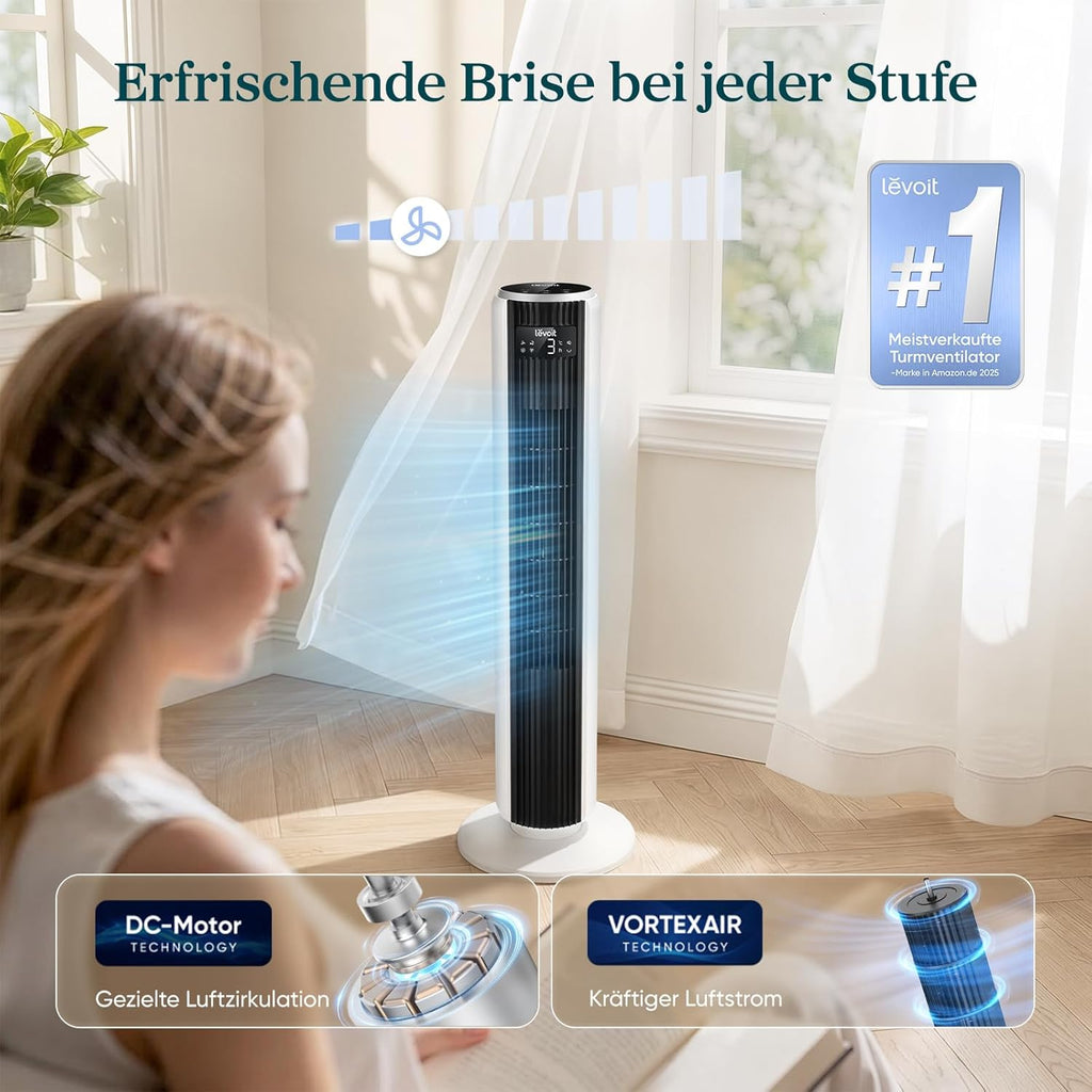 Levoit LTF-F362-WEU Classic Turmventilator 92cm – 20dB, 7,9m/s, 12 Stufen, Speicher, LED, 24W, Leinenweiß
