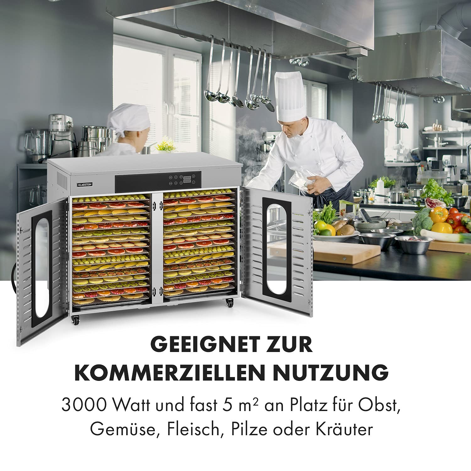 Klarstein Dörrautomat Edelstahl – 4.000-W-Dörrgerät, 48 Edelstahl-Einlegeböden, 30–90 °C, 24-Stunden-Timer, 6 Ventilatoren, 2 Trockenkammern, 50–55 dB, ideal für Obst, Gemüse, Fleisch, Kräuter, Silbero