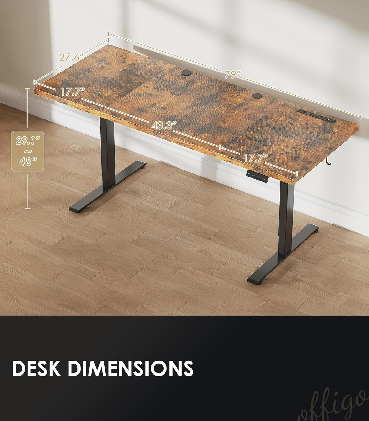 OffiGo 79 Inch Executive Electric Standing Desk, Height Adjustable Desk with Power Outlet & 1.38" Thick 3-Piece Desktop, Sit Stand Computer Desk for Home, Office, Conference Room, Rustic Brown