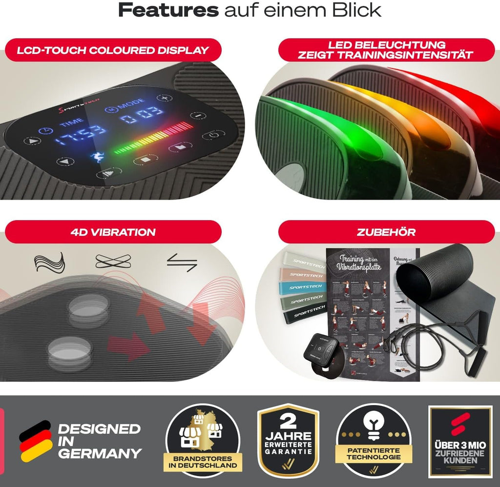 Sportstech VP400: 4D Vibrationsplatte mit Smart‑LED und Trainingsbändern ✨