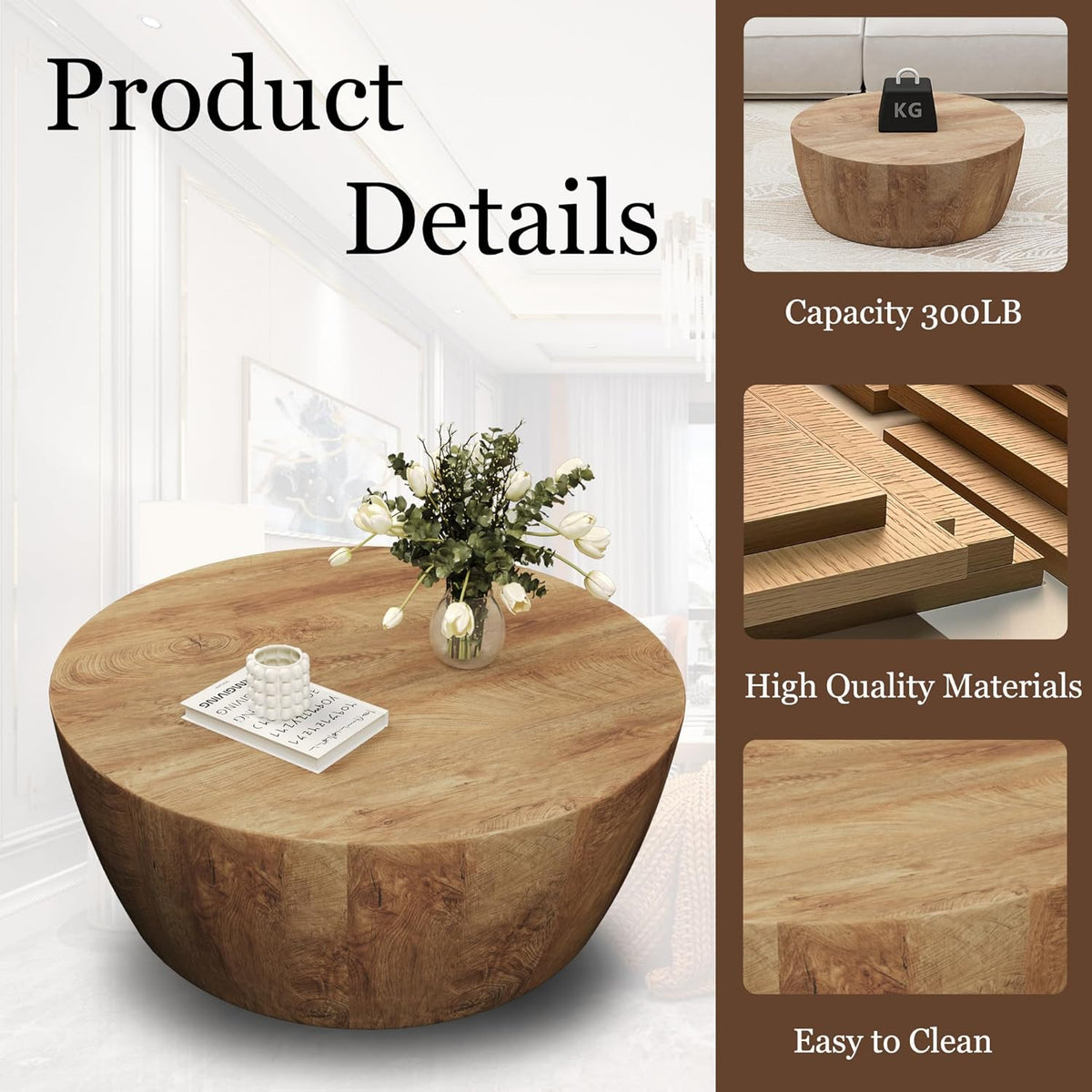 30" Round Coffee Table, Drum Coffee Tables for Living Room, Vintage Reversible Wooden Coffee Table, Mid Century Modern Center Table Tea Table for Bedroom or Office, No Need Assembly