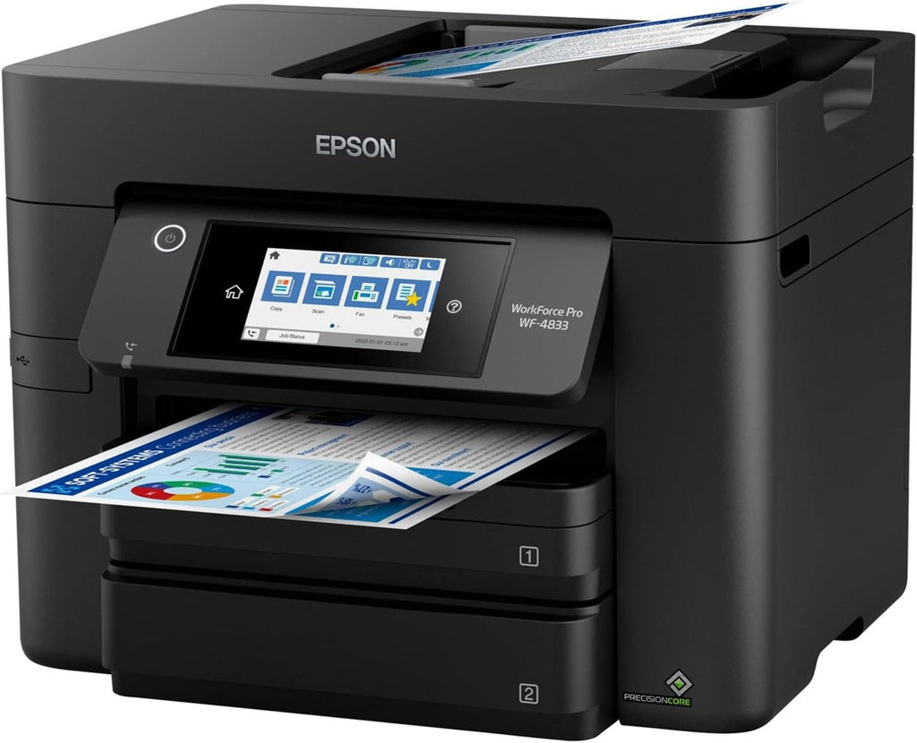 Epson Workforce Pro WF-4833 Wireless All-in-One Color Inkjet Printer, Black - Print Scan Copy Fax - 25 ppm, 4800 x 2400 dpi, 4.3" Touchscreen, Auto 2-Sided Printing, 50-Sheet ADF, 500-Sheet, Ethernet