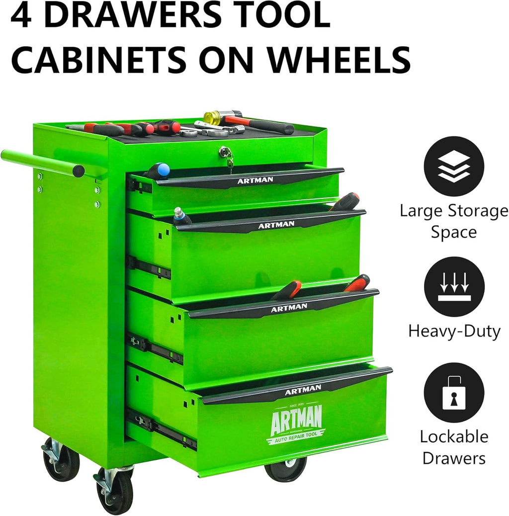 Iron-Top Rolling Tool Chest with Lockable Wheels and Side Handles, 7-Drawer Tool Storage Cabinet with Ball Bearing for Garage, Repair Shop, Required Assembly, Large Storage Capacity (Iron, 4-Green)