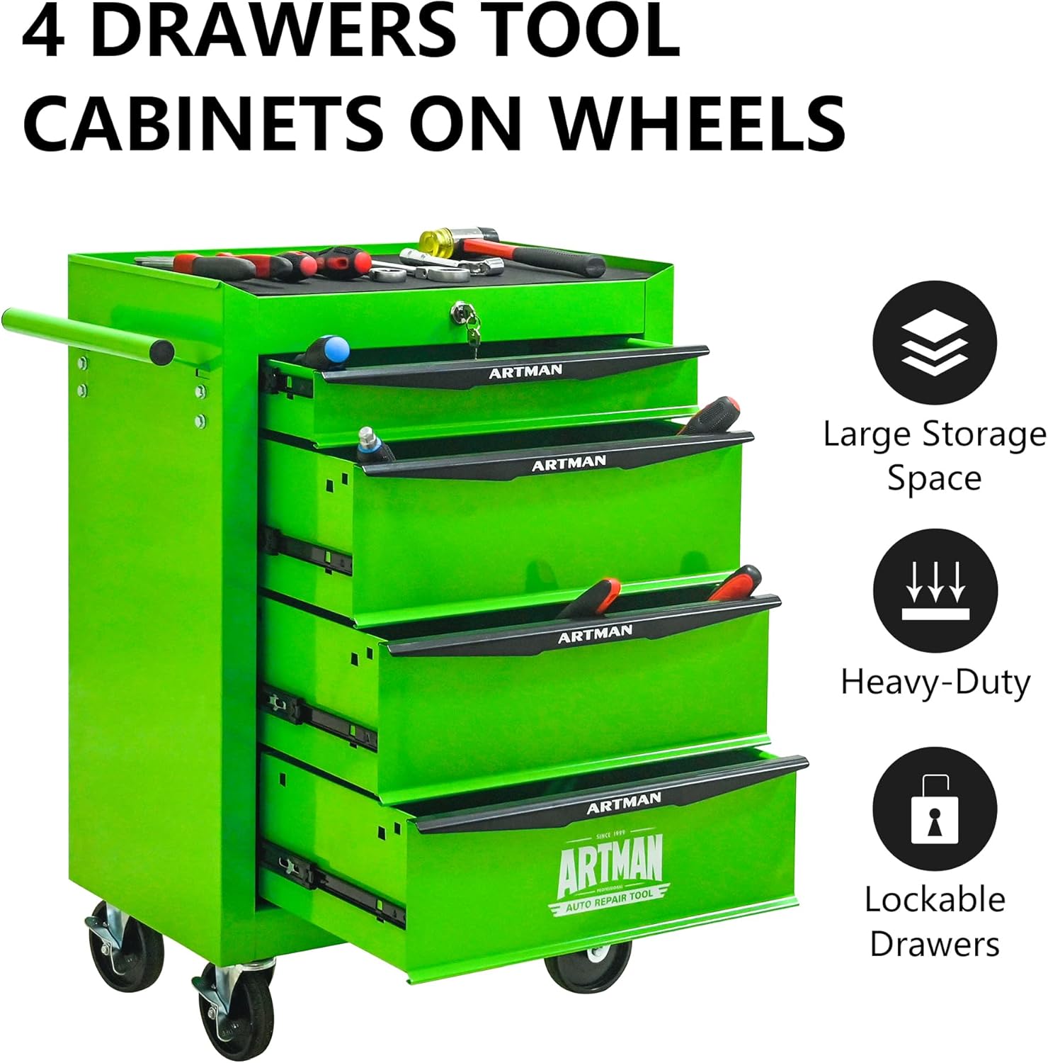 Iron-Top Rolling Tool Chest with Lockable Wheels and Side Handles, 7-Drawer Tool Storage Cabinet with Ball Bearing for Garage, Repair Shop, Required Assembly, Large Storage Capacity (Iron, 4-Green)