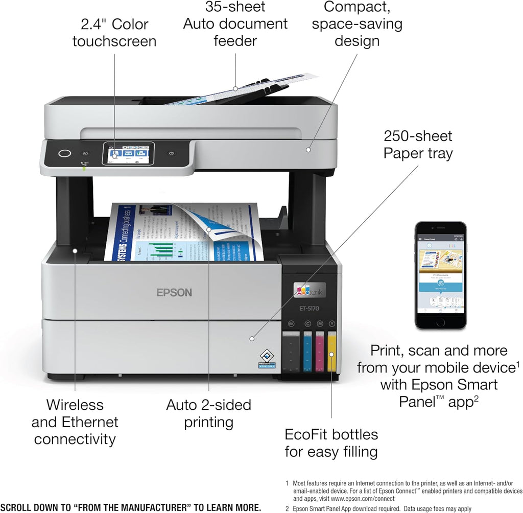 Epson EcoTank Pro ET-5170 Wireless Color All-in-One Supertank Printer with Scanner, Copier, Fax Plus Auto Document Feeder White Large