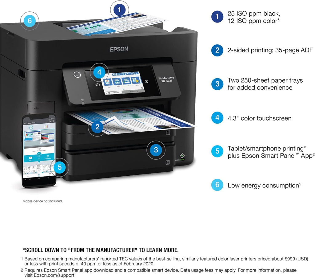 Epson Workforce Pro WF-4833 Wireless All-in-One Color Inkjet Printer, Black - Print Scan Copy Fax - 25 ppm, 4800 x 2400 dpi, 4.3" Touchscreen, Auto 2-Sided Printing, 50-Sheet ADF, 500-Sheet, Ethernet
