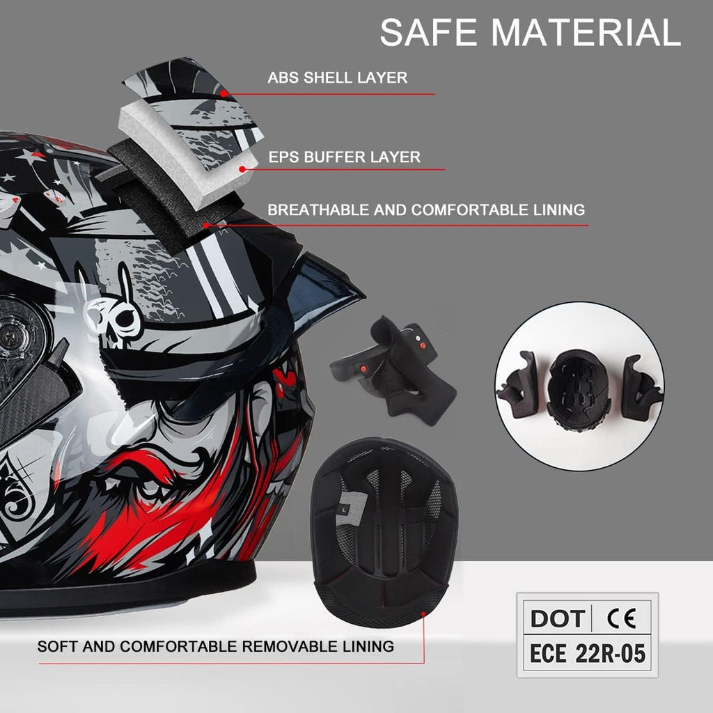 Bluetooth Motorcycle Helmet Anti-Fog Double Visor Flip Up Full Face Motorbike Helmet DOT Approved Built-in Dual Speaker with Microphone Automatic Answering for Adults Men and Women