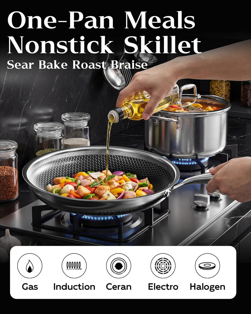 Nonstick Frying Pan with Lid 12-Inch, Durable Stainless Steel Skillet, Induction Cooktop Compatible, PFOA-Free Scratch-Proof, Dishwasher & Oven Safe, Stay-Cool Handle, Silver Kitchen Cookware