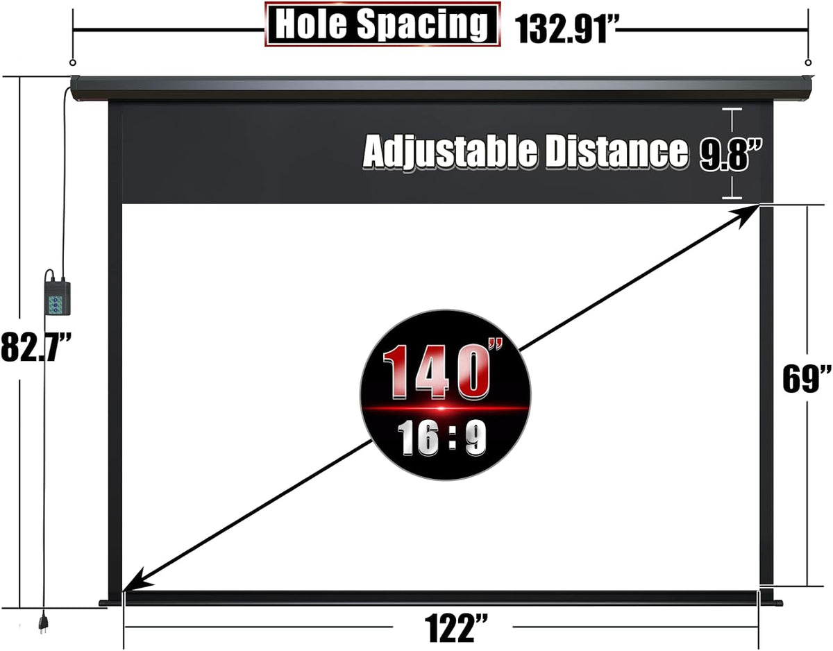 Aoxun 140 Inch Pull Down Projector Screen, HD 4K 16:9 Motorized Retractable Projector Screen for Indoor and Outdoor with Remote Control, Manual Projection Screen for Home Theater or Office, Black