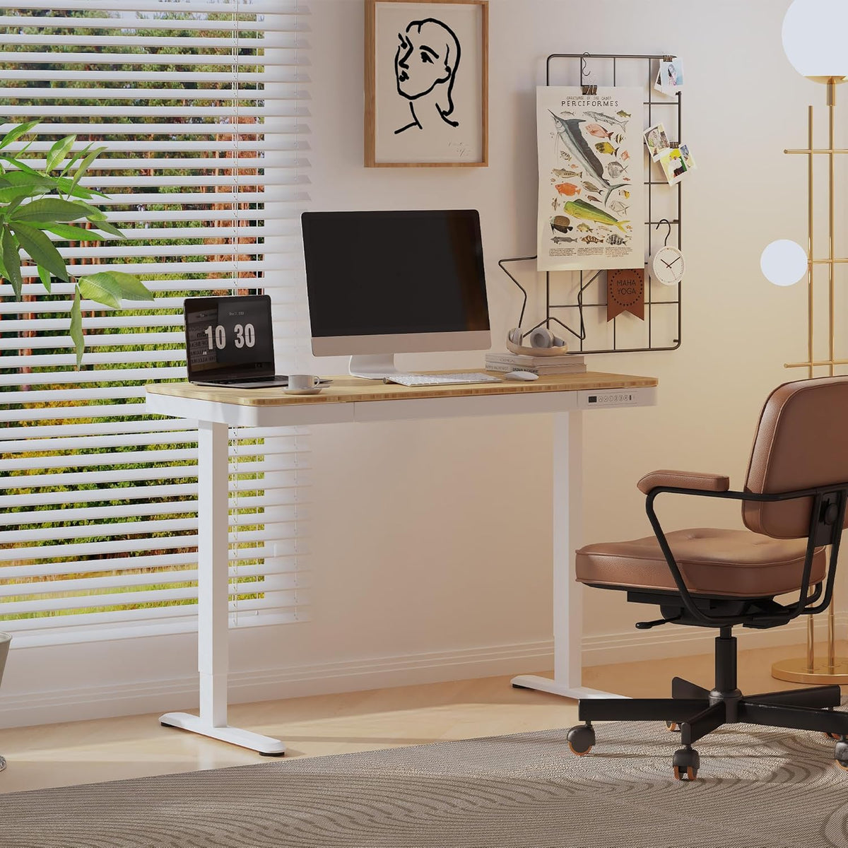 FLEXISPOT Comhar Electric Standing Desk with Drawer Desktop & Adjustable Frame w/USB Charge Ports (Bamboo-Look Laminate/White, Wood)