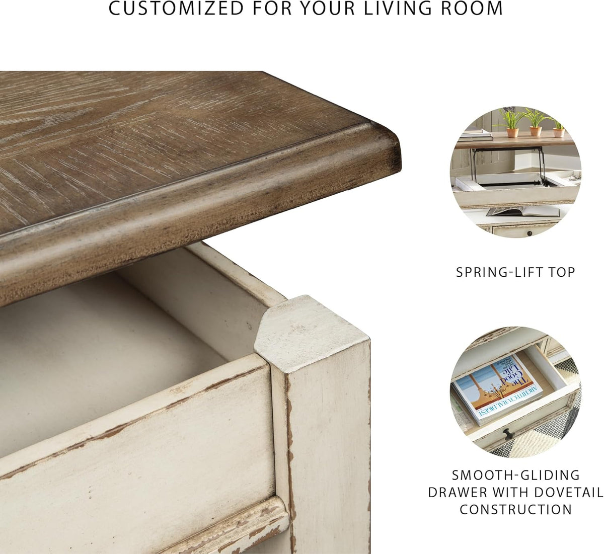 Signature Design by Ashley Realyn Vintage Farmhouse Rectangular Lift Top Coffee Table with Storage Drawer, White & Brown