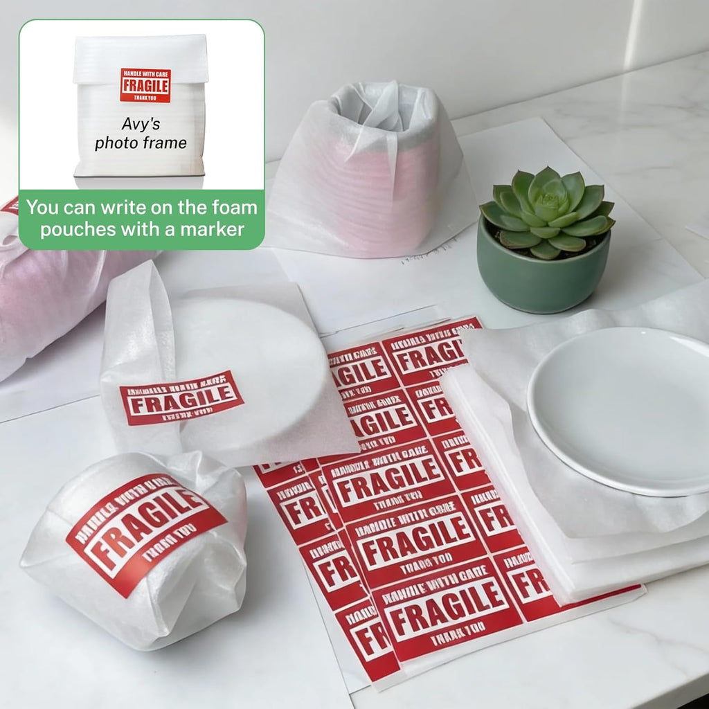 350 Pcs Dish Packing Supplies for Moving, 250 Cushion Foam Pouches(4 Sizes 16x12'',12x12'',12x8'',8x8'') and Foam Sheets(12x12'') with 100 Fragile Stickers for Packing,Storage,Shipping