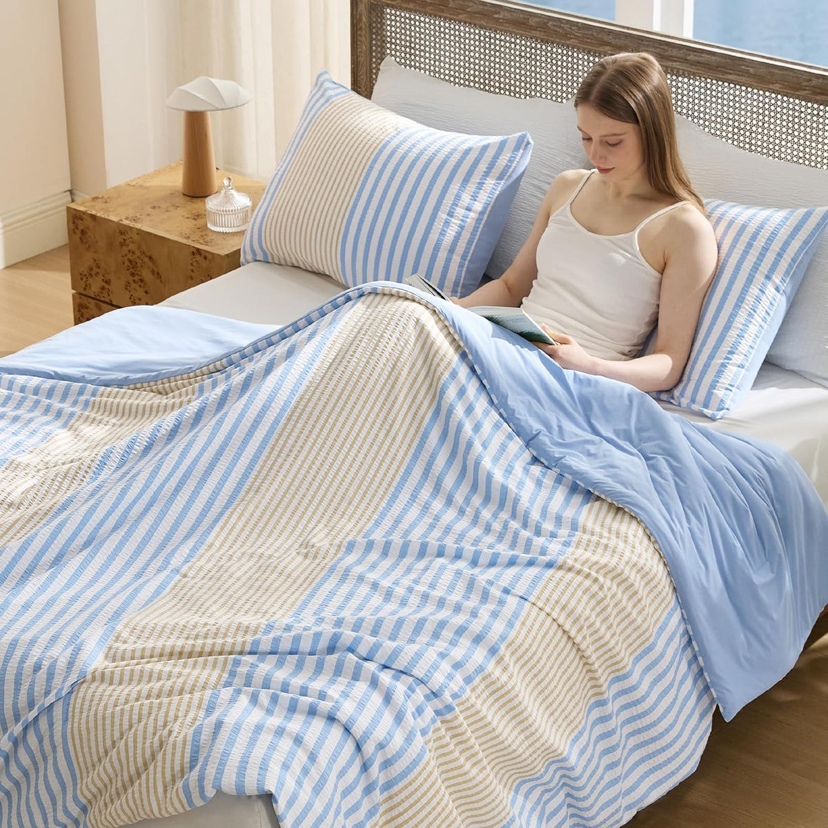 Bedsure SleepEase Cooling Comforter King Size for Summer, 3 Pieces Striped Seersucker Cooling Comforters for Hot Sleepers, Double-Sided Cool Tech Bedding Set with 1 Breathable Comforter, 2 Pillowcases