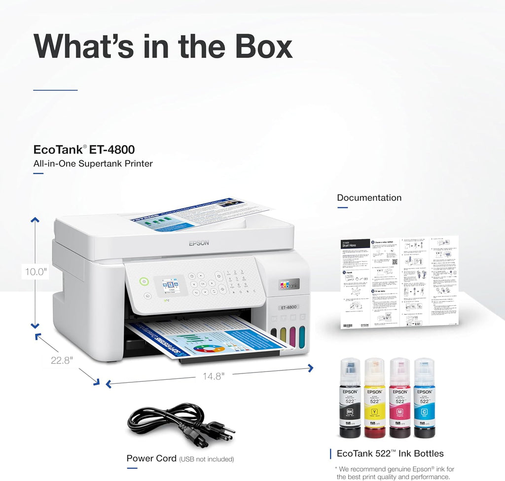 Epson EcoTank ET-4800 Wireless All-in-One Cartridge-Free Supertank Printer with Scanner, Copier, Fax, ADF and Ethernet – Ideal-for Your Home Office, White