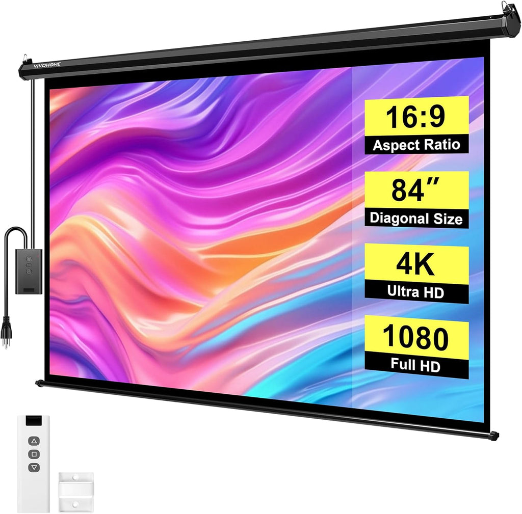 VIVOHOME Motorized Projector Screen with Remote, 16:9 84 Inch Auto Electric Projection Screen, HD 4K Movie Screen for Home Theater, Cinema, Office (73 x 41 Black)